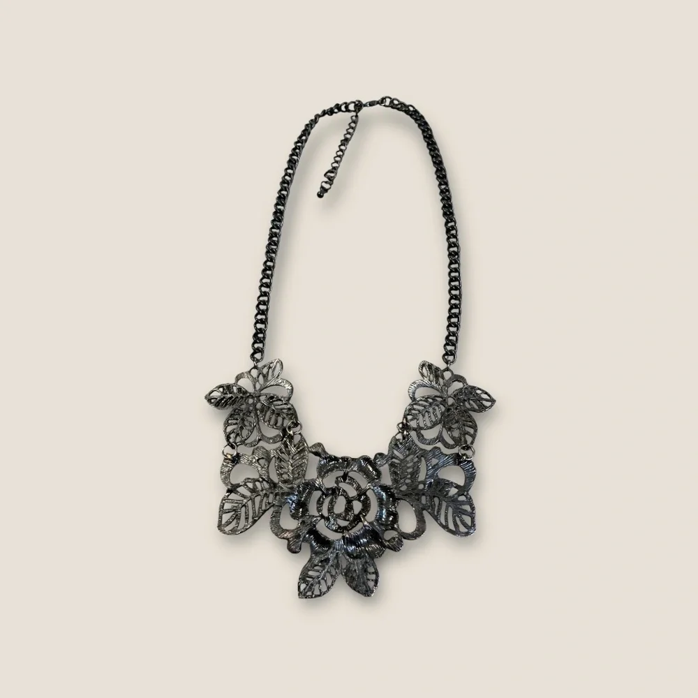 Black Panel Floral and Rhinestone Necklace